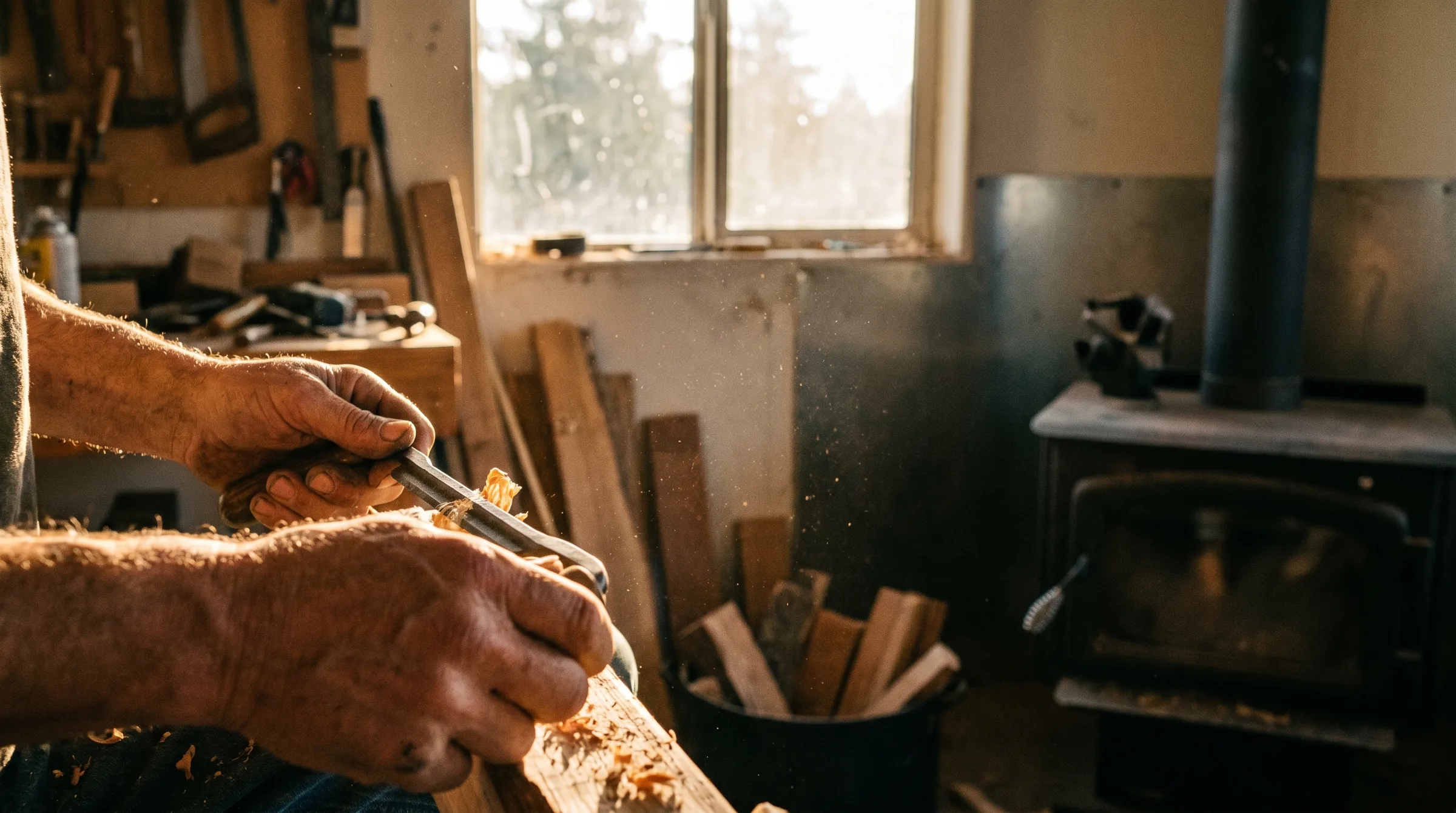A craftsperson's hands shaping wood in a Central Oregon workshop