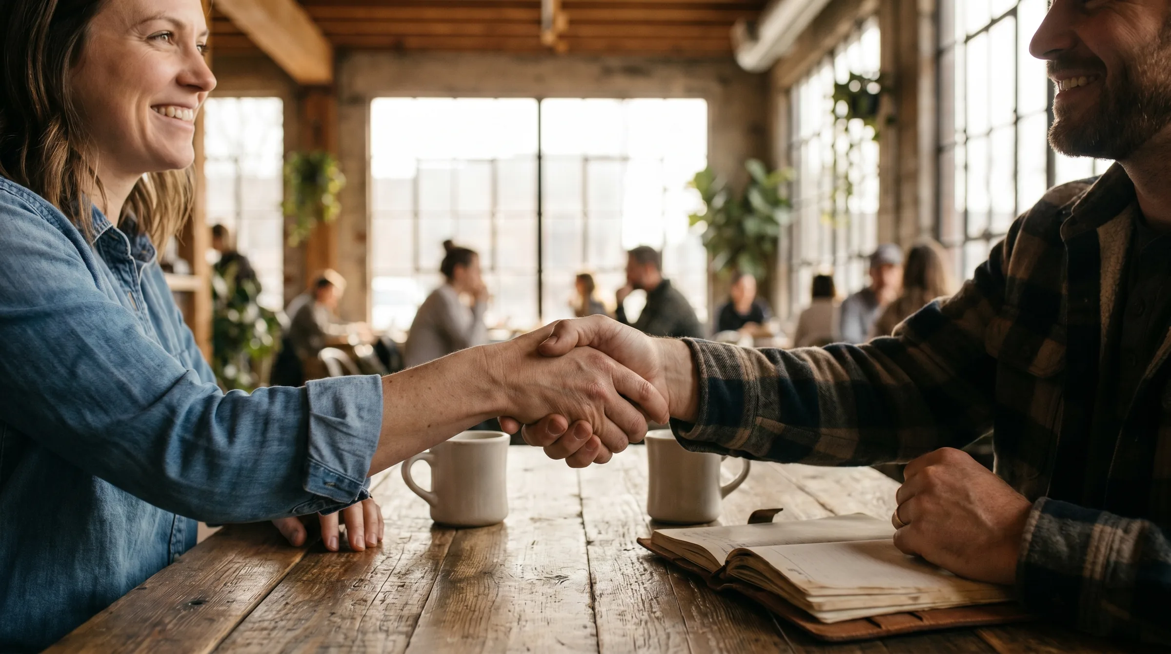 Two Central Oregon business owners shaking hands over coffee